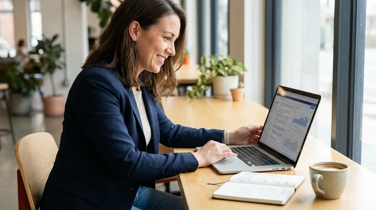 Entrepreneur reviewing a business plan on a laptop at a bright desk